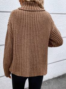 SHEIN LUNE Áo cao cổ Thả vai Đồ đan Ribbed Áo len - Cà phê nâu - Xem 2