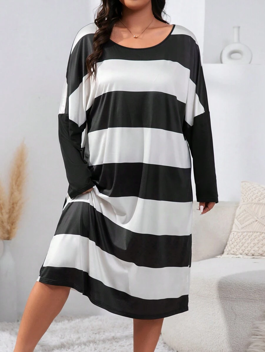 Plus Size Casual Striped Drop Shoulder Sleeve Sleep Dress - Black and White - View 1