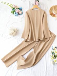 SHEIN LUNE Plus Open Front Patch Pocket Blazer & Pants - Khaki - View 2