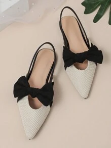 Giày bệt mũi nhọn họa tiết nơ màu thu/đông, giày lười đa năng thời trang cho nữ - Đen và trắng - Xem 4