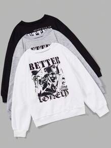 SHEIN EZwear 3入組字母人物圖案運動衫 - 彩色 - 查看 1