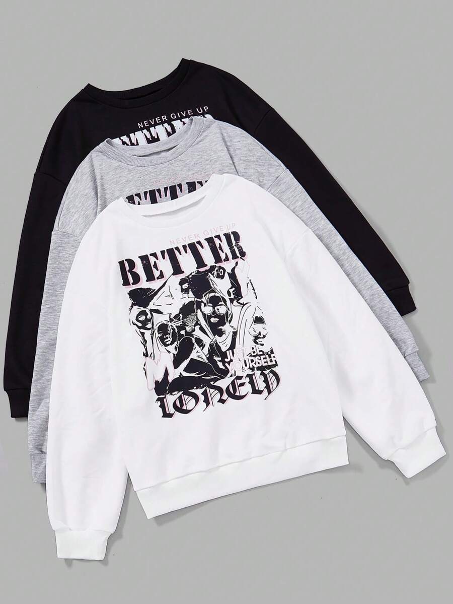 SHEIN EZwear 3入組字母人物圖案運動衫 - 彩色 - 查看 1