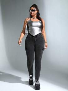 SHEIN ICON 大碼高腰側翻蓋口袋工裝牛仔褲 - 黑色 - 查看 5