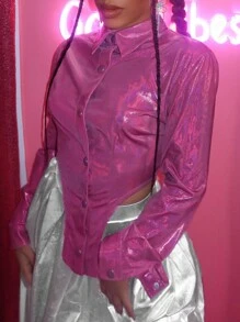 Slaydiva Cazadora unicolor con botón delantero bajo asimétrico PU - Rosa Fucsia - Ver 3