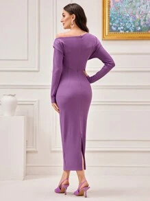 Modelyn Asymmetrical Neck Ruched Detail Bodycon Dress - Purple - View 2