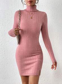 SHEIN Frenchy 高領下擺開叉緊身洋裝 - 西瓜粉 - 查看 1