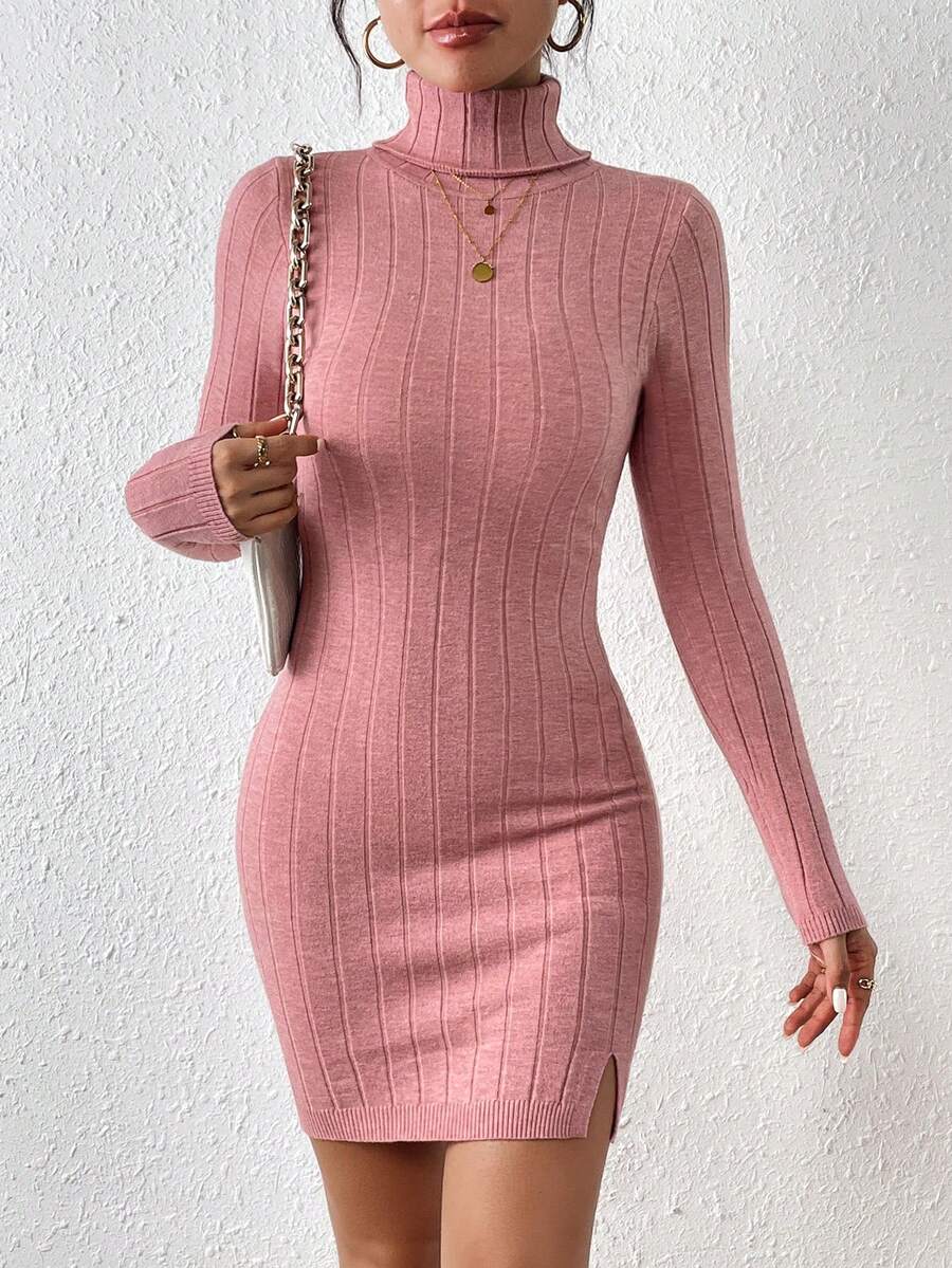 SHEIN Frenchy 高領下擺開叉緊身洋裝 - 西瓜粉 - 查看 1