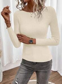 SHEIN Clasi Boat Neck Ribbed Knit Sweater,Long Sleeve Tops In Fall/Winter - Apricot - View 5