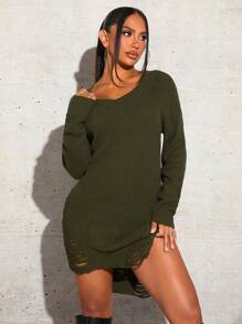 SHEIN SXY Ripped High Low Hem Sweater Dress Without Belt In Fall/Winter - Army Green - View 3