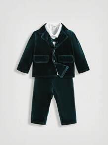 SHEIN Leap Crew Baby Boy Bow Front Shirt & Blazer & Pants, For Christmas - Dark Green - View 3