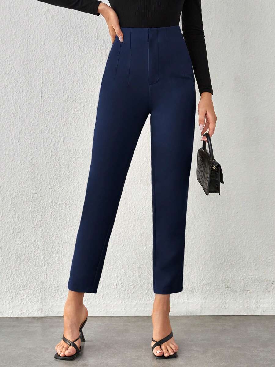 SHEIN Tall Solid High Waist Cropped Pants - Navy Blue - View 1