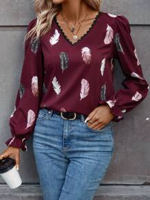 SHEIN Frenchy Feather Print Contrast Lace Flounce Sleeve Blouse - Red - View 2