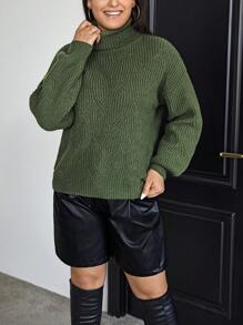 SHEIN Essnce 大碼高領落肩袖套頭毛衣 - 軍綠色 - 查看 1
