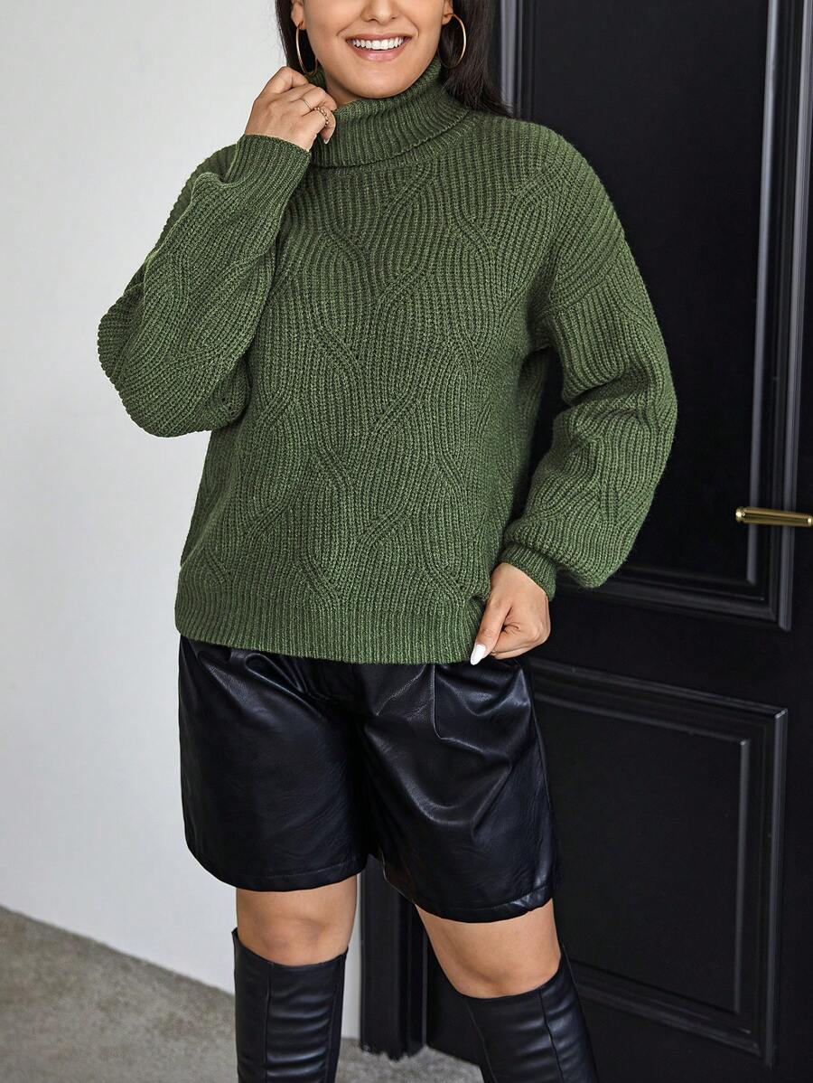 SHEIN Essnce 大碼高領落肩袖套頭毛衣 - 軍綠色 - 查看 1