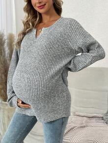 SHEIN Maternity Notched Neck Drop Shoulder Sweater - Light Grey - View 5