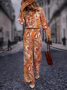 SHEIN VCAY In hoa Paisley Viền Ruffle Áo sơ mi & Quần ống rộng - trắng - Xem 3