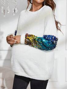 SHEIN Suéter suelto de maternidad con detalles de lentejuelas en contraste y textura suave, para invierno