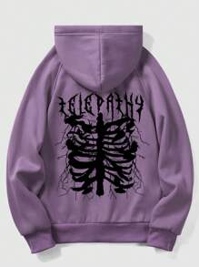 ROMWE MEN Grunge Punk Áo hoodie giữ nhiệt tay rút họa tiết bộ xương cho nam dùng trong lễ Halloween, đi học - Màu tím - Xem 1