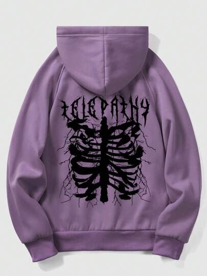 Grunge Punk Herren Thermohoodie mit Skelett Muster und Raglanärmeln mit Kordelzug für Halloween, Schule