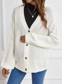 SHEIN 1入組孕婦燈籠袖落肩袖條紋針織開襟衫 - 白色 - 查看 1