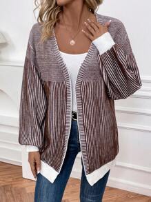 SHEIN LUNE Striped Pattern Drop Shoulder Duster Cardigan - Coffee Brown - View 3