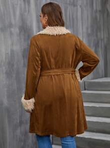 SHEIN LUNE Plus Fuzzy Trim Belted Coat