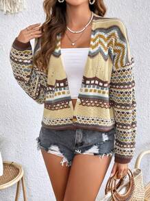 SHEIN VCAY Geo Pattern Drop Shoulder Cardigan - Apricot - View 6