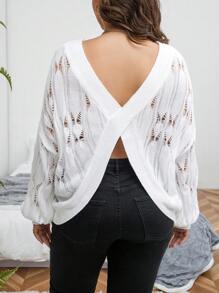 SHEIN CURVE+ 大碼網眼針織落肩袖套頭毛衣 - 白色 - 查看 6