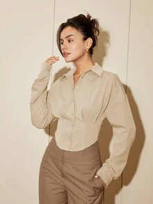 Áo sơ mi nữ tay dài màu trơn thắt eo thanh lịch, áo sơ mi cài nút thường ngày, xuân/thu - Màu be - Xem 7