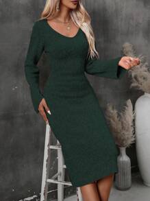 SHEIN Clasi Solid Flare Sleeve Sweater Dress - Green - View 3