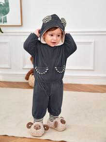 SHEIN 2 pièces Ensemble sweat-shirt à capuche et pantalon bébé unisexe, décoration d'oreille couleur contrastée, doublé thermique, épaissi - Multicolore - Voir 6