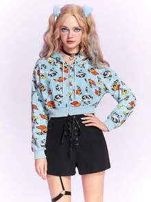 The Powerpuff Girls | ROMWE Cartoon Graphic Drop Shoulder Crop Hoodie - Multicolor - View 3
