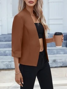 SHEIN Clasi Chất rắn Nút đơn Áo vest - Cà phê nâu - Xem 6