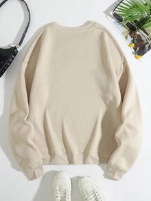 SHEIN Unity Khẩu hiệu & Đồ họa Hoạt hình Lót nhiệt Áo nỉ - Màu be - Xem 2