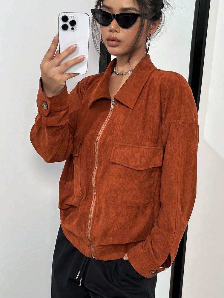 Flap Pocket Drop Shoulder Zip Up Corduroy Coat Fall Cloth For Women