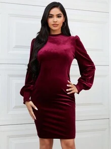 SHEIN Maternity Mock Neck Lantern Sleeve Velvet Bodycon Dress - Burgundy - View 4