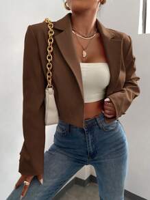 BizChic Women's Thin Lapel Open Front Short Blazer Jacket, Basic Top, Minimalist Urban Commute Style, Business Casual Outerwear For Office Wear In Fall/Winter