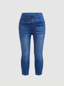 SHEIN Young Girl Ruched Front Wide Waistband Jeans - Dark Wash - View 1
