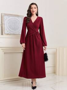 Modelyn Solid Surplice Neck Wrap Detail A-line Dress - Red - View 3