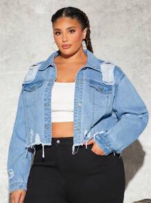 SHEIN CURVE+ Plus Ripped Raw Cut Drop Shoulder Denim Jacket - Blue - View 1