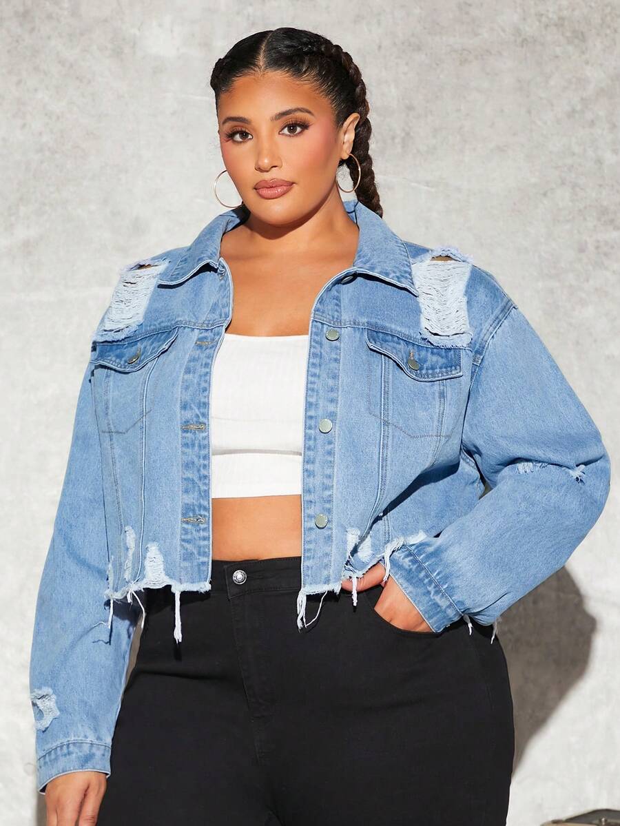 SHEIN CURVE+ Plus Ripped Raw Cut Drop Shoulder Denim Jacket - Blue - View 1