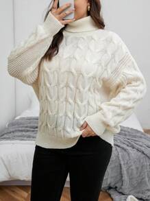 SHEIN CURVE+ 大碼高領麻花編織落肩袖套頭毛衣 - 米色 - 查看 6