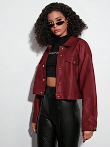 SHEIN EZwear 翻蓋細節落肩袖PU皮革夾克 - 酒紅色 - 查看 1