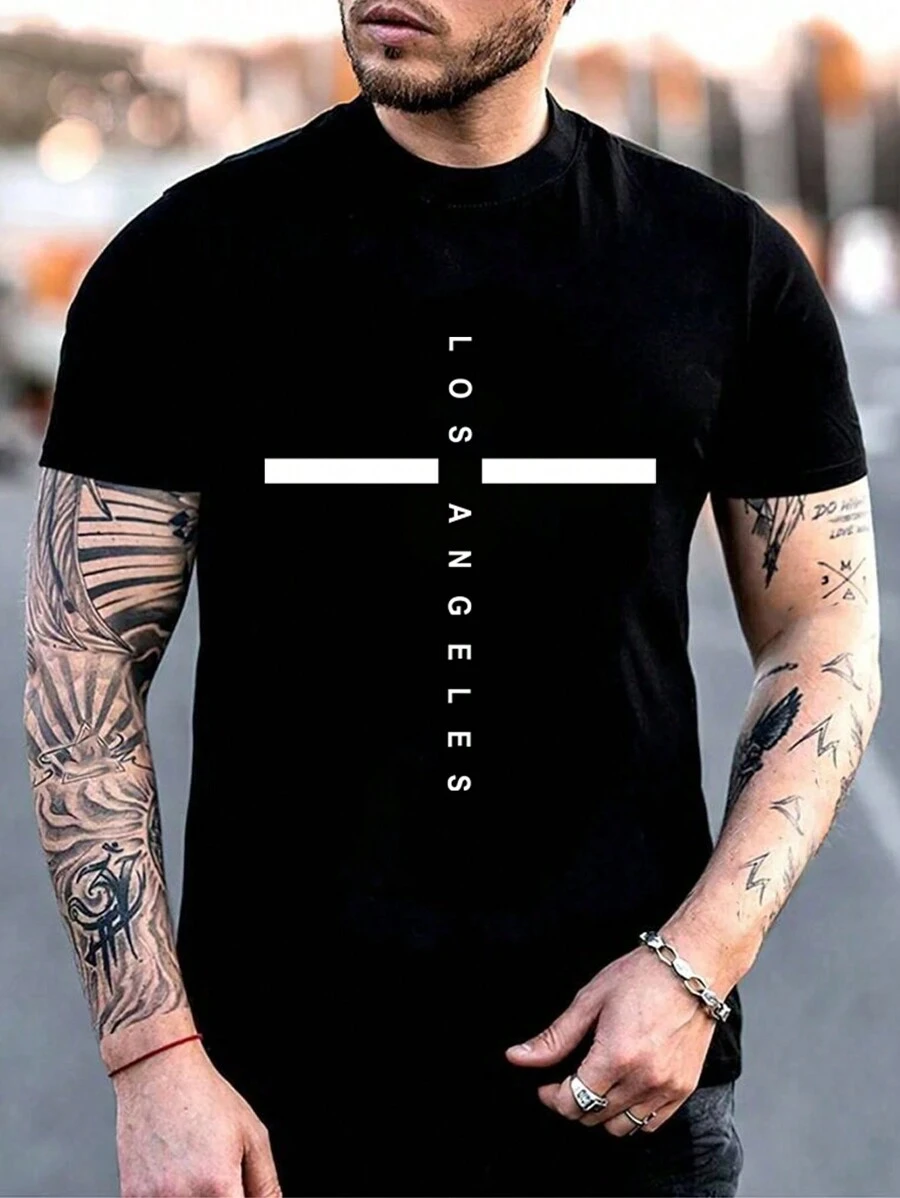 Manfinity Homme 男士字母圖案T恤 - 黑色 - 查看 1