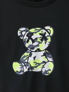 Tween Boy Bear Print Pullover & Camo Print Sweatpants - Black - View 5