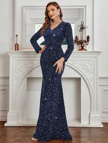 Váy sequin viền đuôi cá thanh lịch dài tay trang trọng cho tiệc tối dự tiệc cưới, tốt nghiệp, tiệc tối - Màu xanh lam - Xem 6