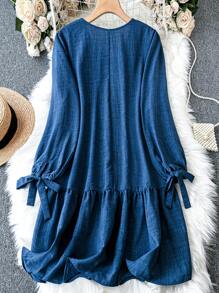 Calvaya Plus Knot Cuff Ruffle Hem Smock Dress - Blue - View 2