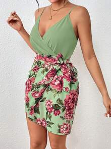 SHEIN Privé Floral Print Knot Side Cami Dress - Mint Green - View 3