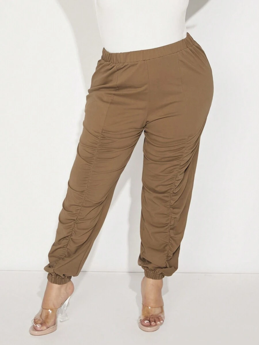SHEIN SXY Plus Solid Ruched Sweatpants - Coffee Brown - View 1