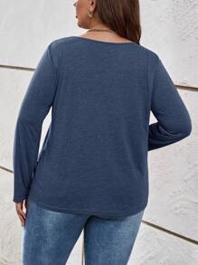 SHEIN LUNE Plus Solid Button Front Tee - Navy Blue - View 2